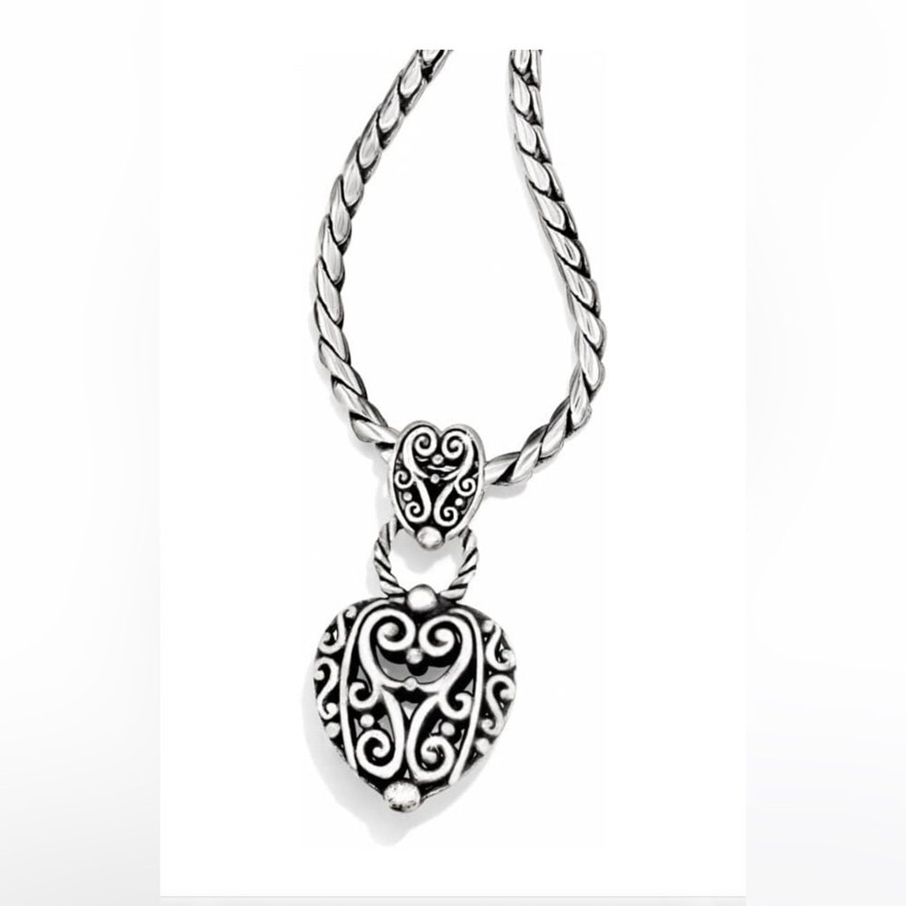 Brighton Bibi Heart Necklace Silver Tone Ornate Scroll Pendant Chain 18” Retired